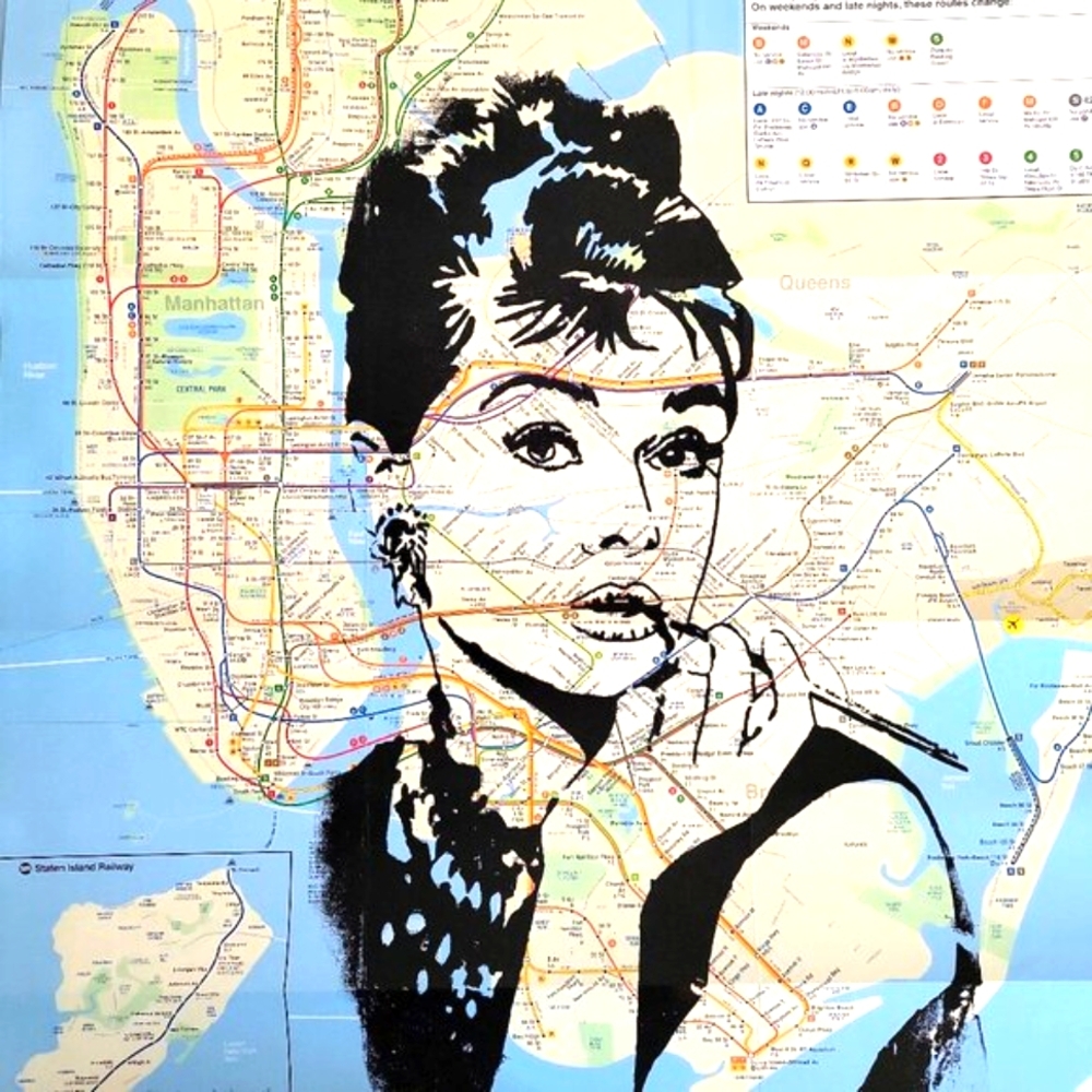 💋 Handpainted Audrey Hepburn  Unique Acrylic paint Art on NYC Subway Map - Picture 3 of 5